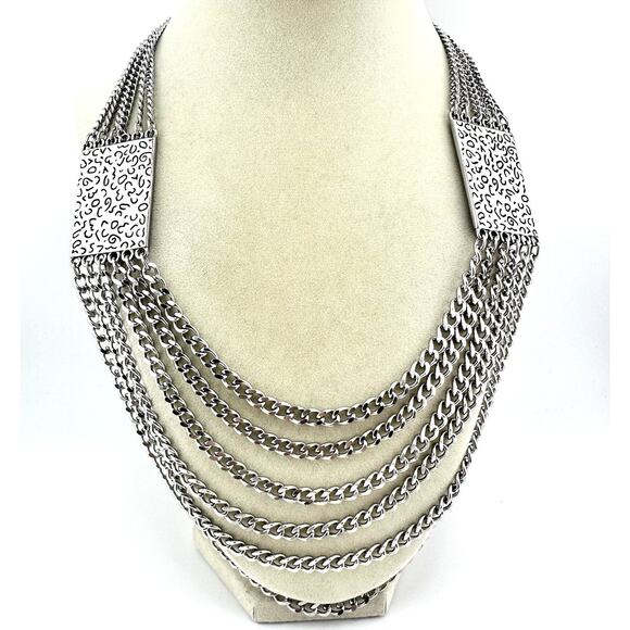 David Sigal Multichain Swirl Pattern Layered Silver Tone Designer 22” Necklace - Picture 3 of 8